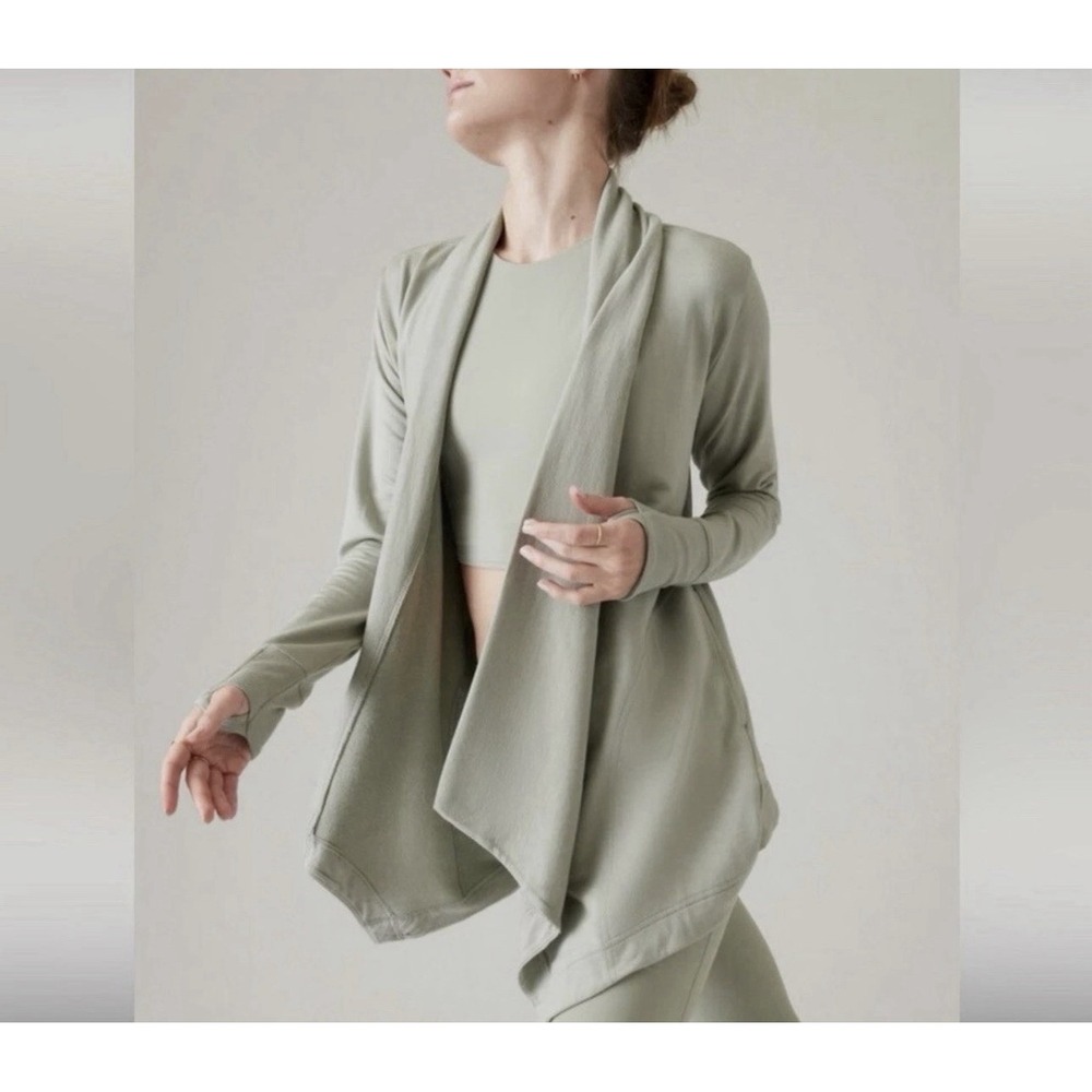 Athleta Pranayama Wrap Womens 2X Open Cardigan Thumbhole Pockets Yoga Cozy Green